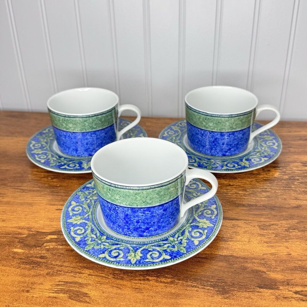 3 Villa Regia Flat Bottom Coffee Cup Saucer Spal Porcelanas Green Blue Portugal